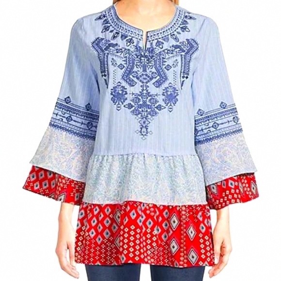 Women's Blue and Red Embroidered Top - Picture 1 of 6